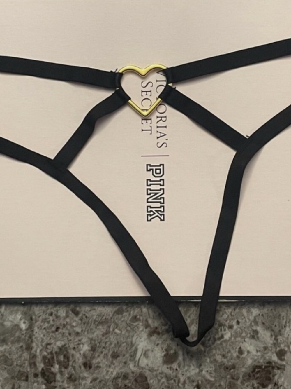 Victoria's Secret PINK Black Strappy Thong with Gold Heart Accent